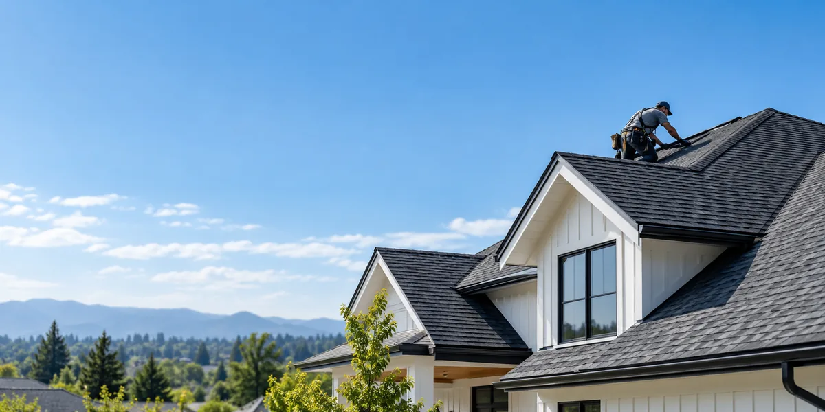 Illustrative scene of a residential roof and roofing work